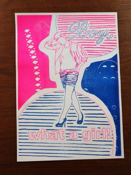 Risografi: "Boy, what a girl!" - A3 (21 x 42 cm)
