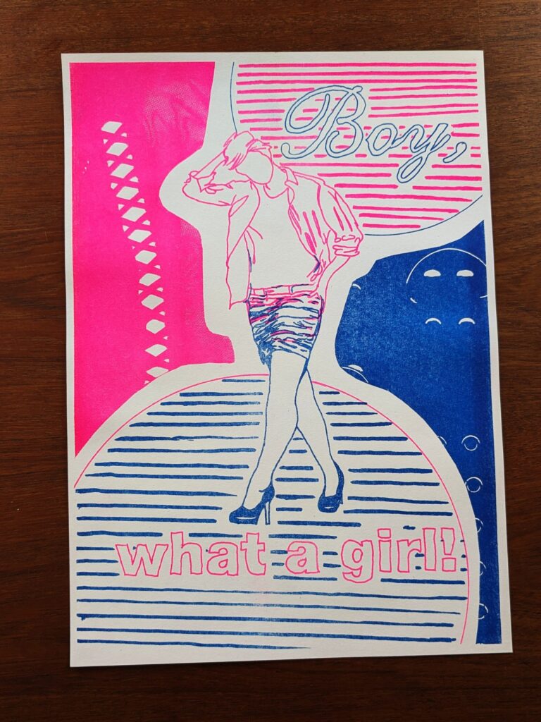 Risografi: "Boy, what a girl!" - A3 (21 x 42 cm)